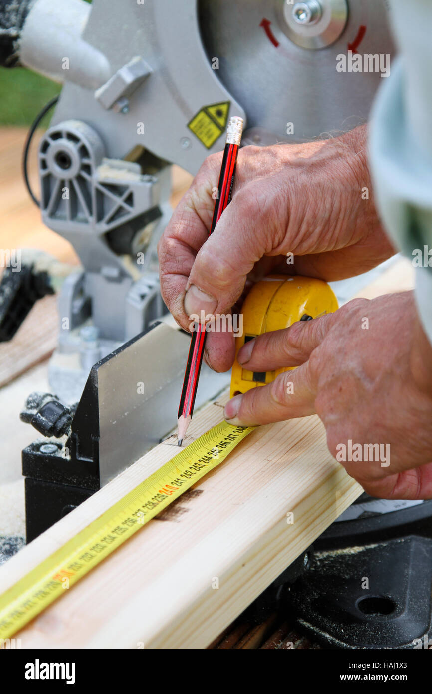 Carpenter tomar notas sobre una tabla de madera antes de cortar Foto de stock