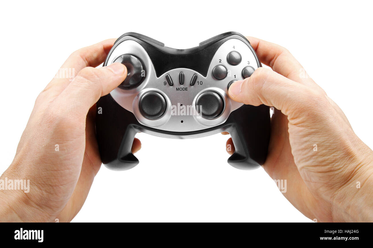 Video game controller en la mano aislado en blanco Foto de stock