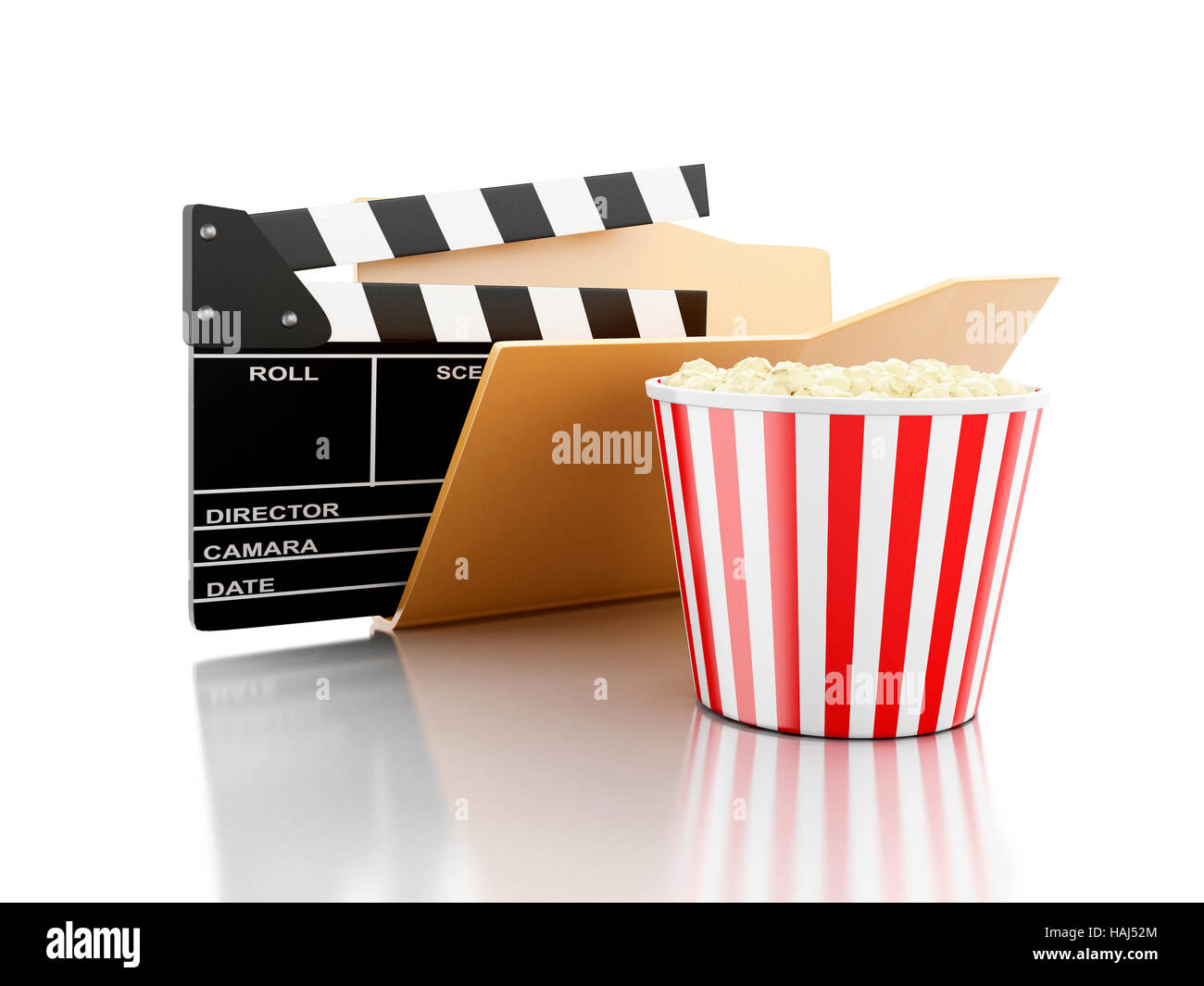 Renderer 3d imagen. Carpeta con claqueta de cine y palomitas de maíz.  Concepto de cine. Fondo blanco aisladas Fotografía de stock - Alamy