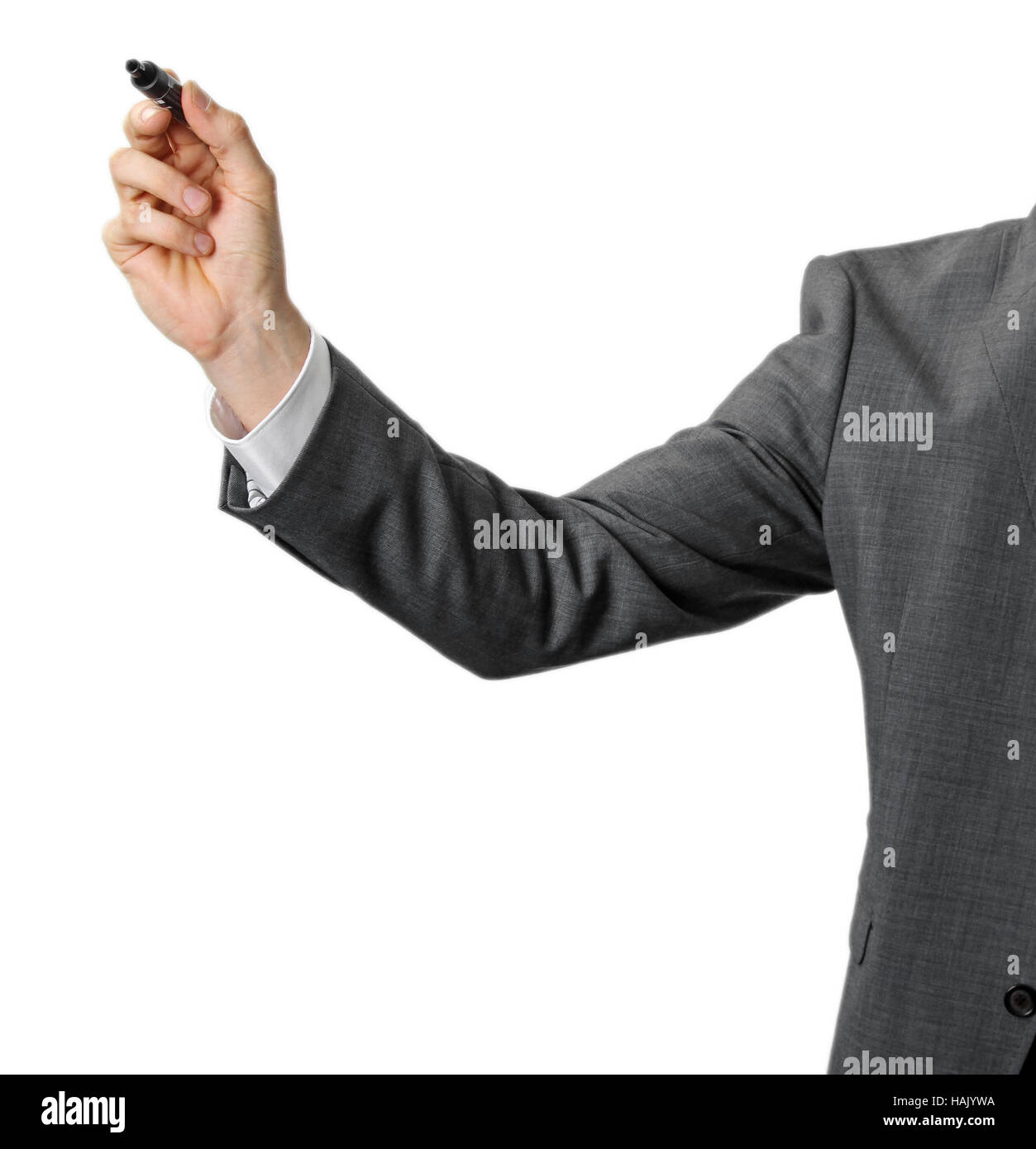 Empresario con marcador negro en la mano aislado en blanco Foto de stock