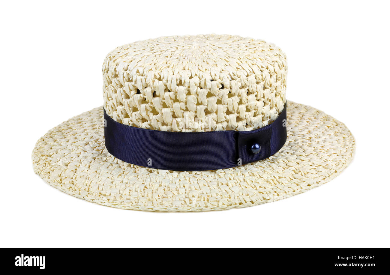 Sombrero de Paja con cinta azul sobre blanco aislado Foto de stock