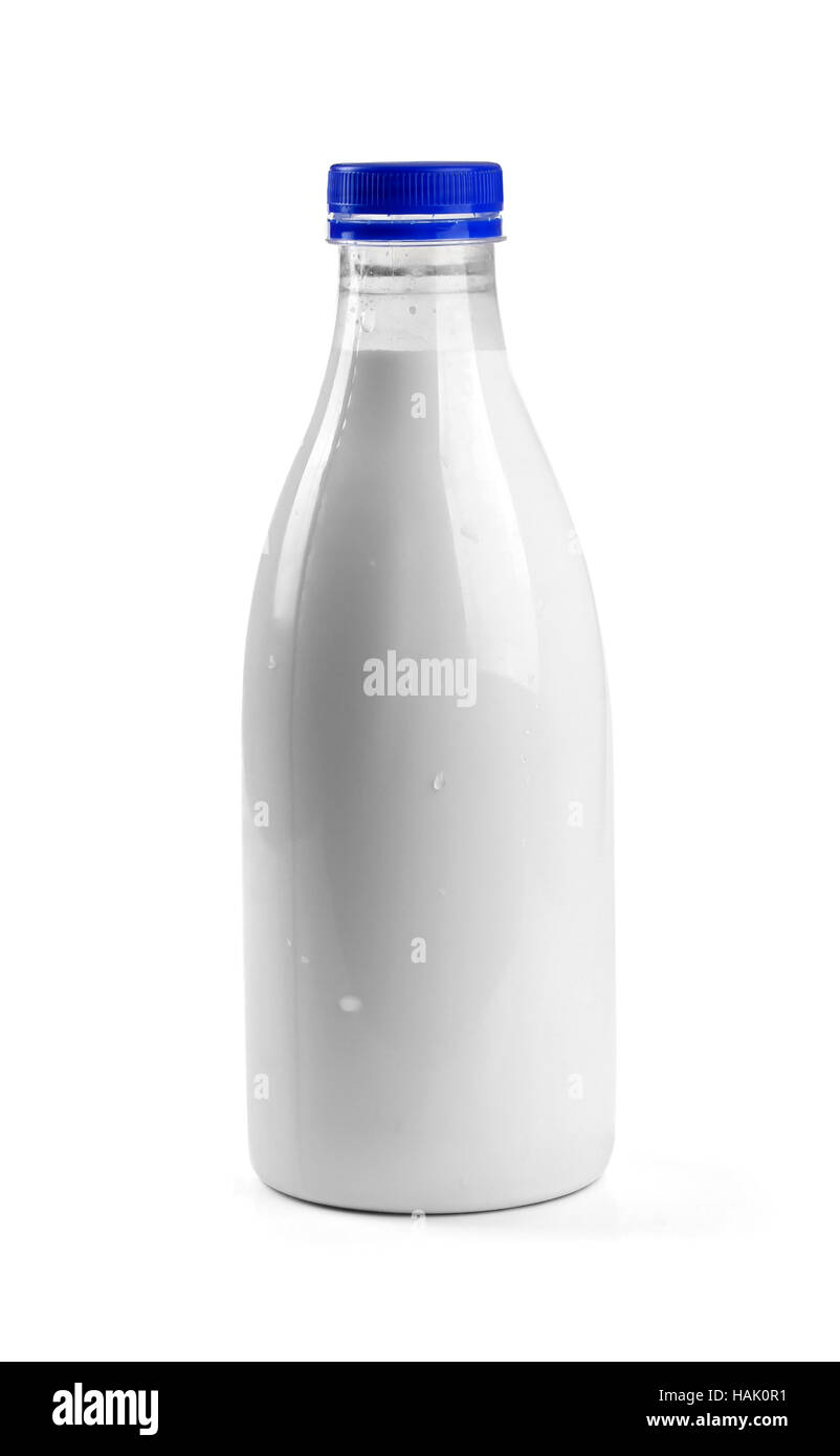 Botella de leche aislado en blanco sobre fondo blanco. Foto de stock