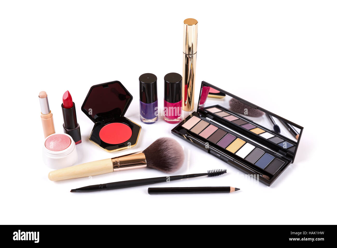Colección de maquillaje cosméticos aislado en blanco Foto de stock