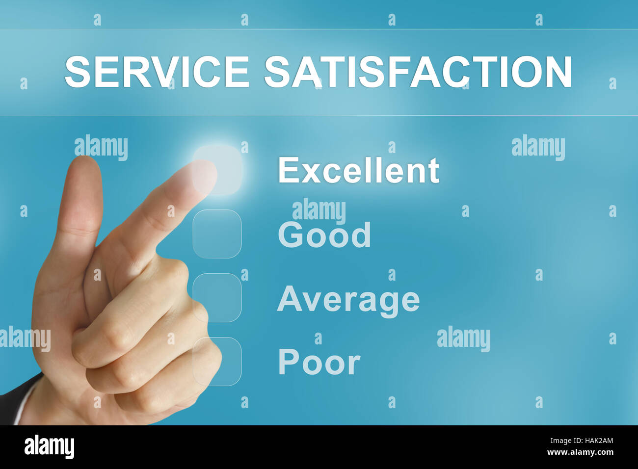 Mano de negocios haciendo clic en el botón de satisfacción del servicio en la pantalla Foto de stock