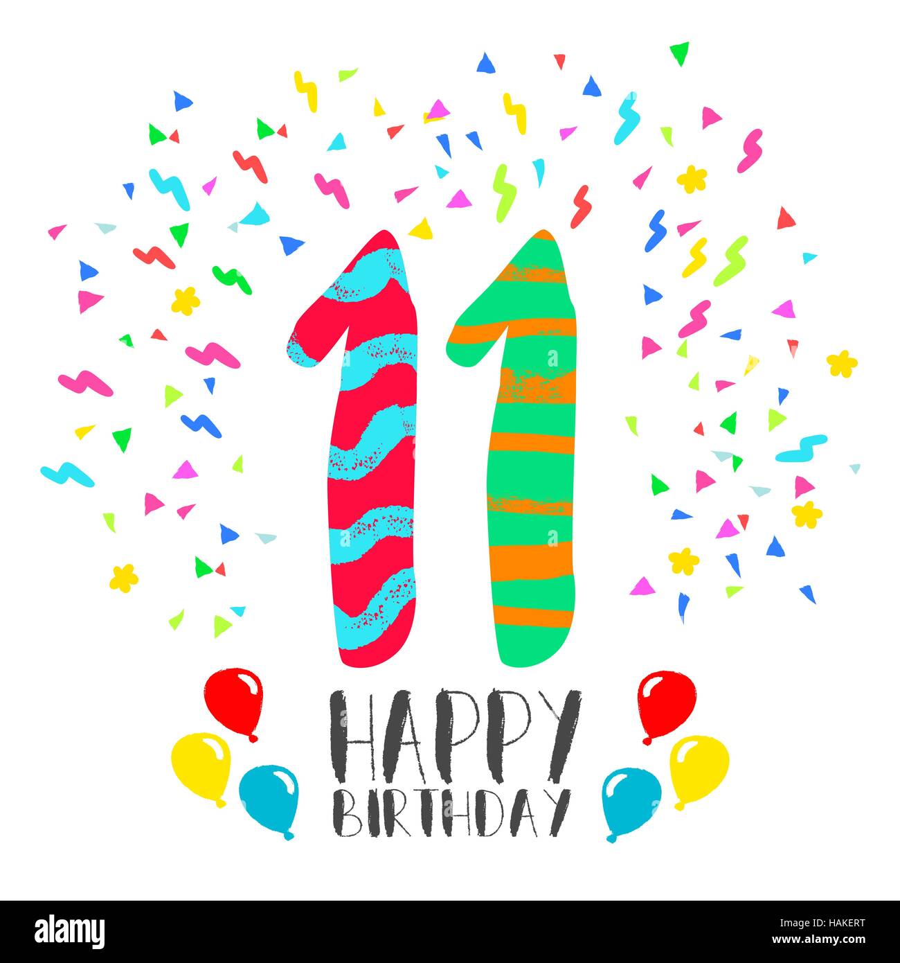 Feliz cumpleaños número 11, tarjeta de felicitación para once años de  diversión con estilo arte parte confetti. Invitación de aniversario,  felicitaciones o celebración Imagen Vector de stock - Alamy