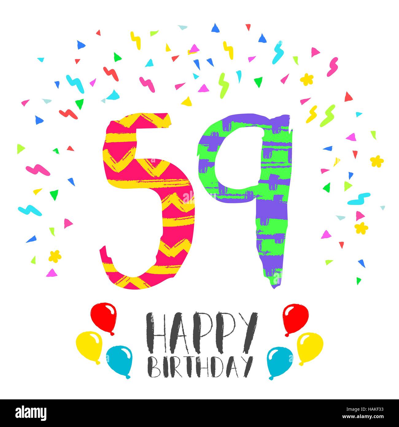 Feliz cumpleaños 59 50 años de diseño divertido con número, texto de  etiqueta y una decoración colorida. Ideal para la invitación a una fiesta o  tarjeta de felicitación. Vector EPS10 Imagen Vector