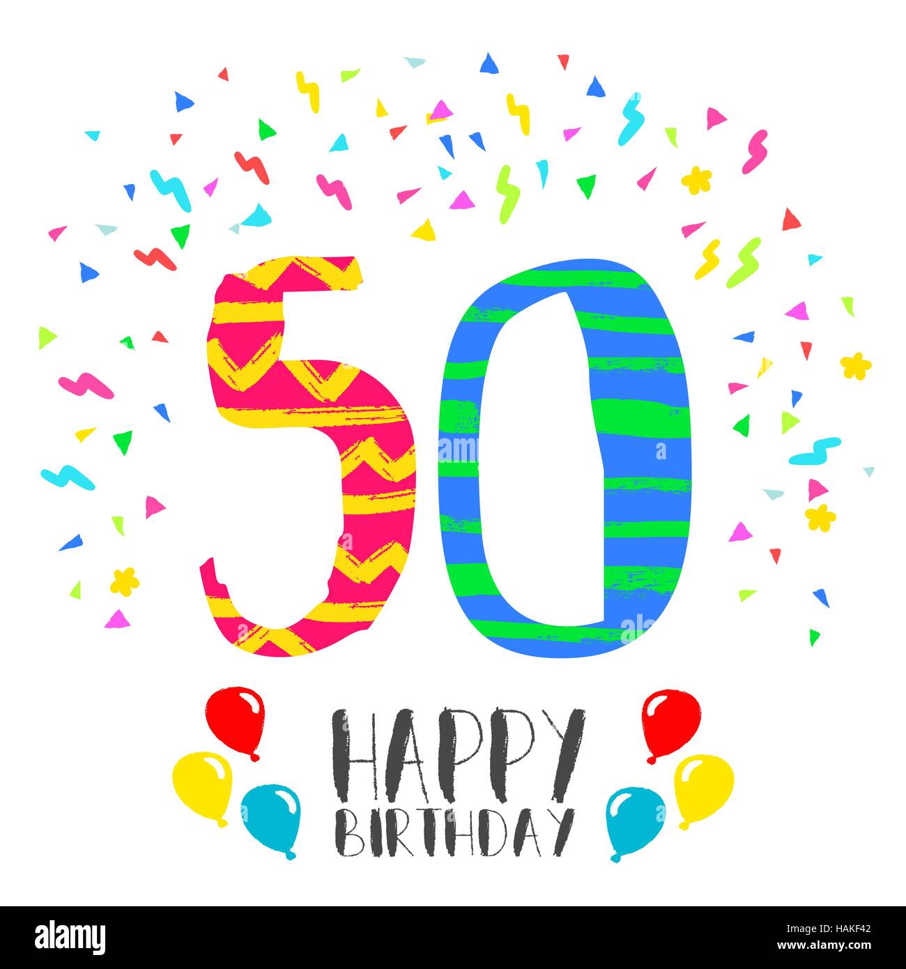 Feliz cumpleaños número 50, tarjeta de felicitación para 50 años de  diversión con estilo arte parte confetti. Invitación de aniversario,  felicitaciones o celebración Imagen Vector de stock - Alamy