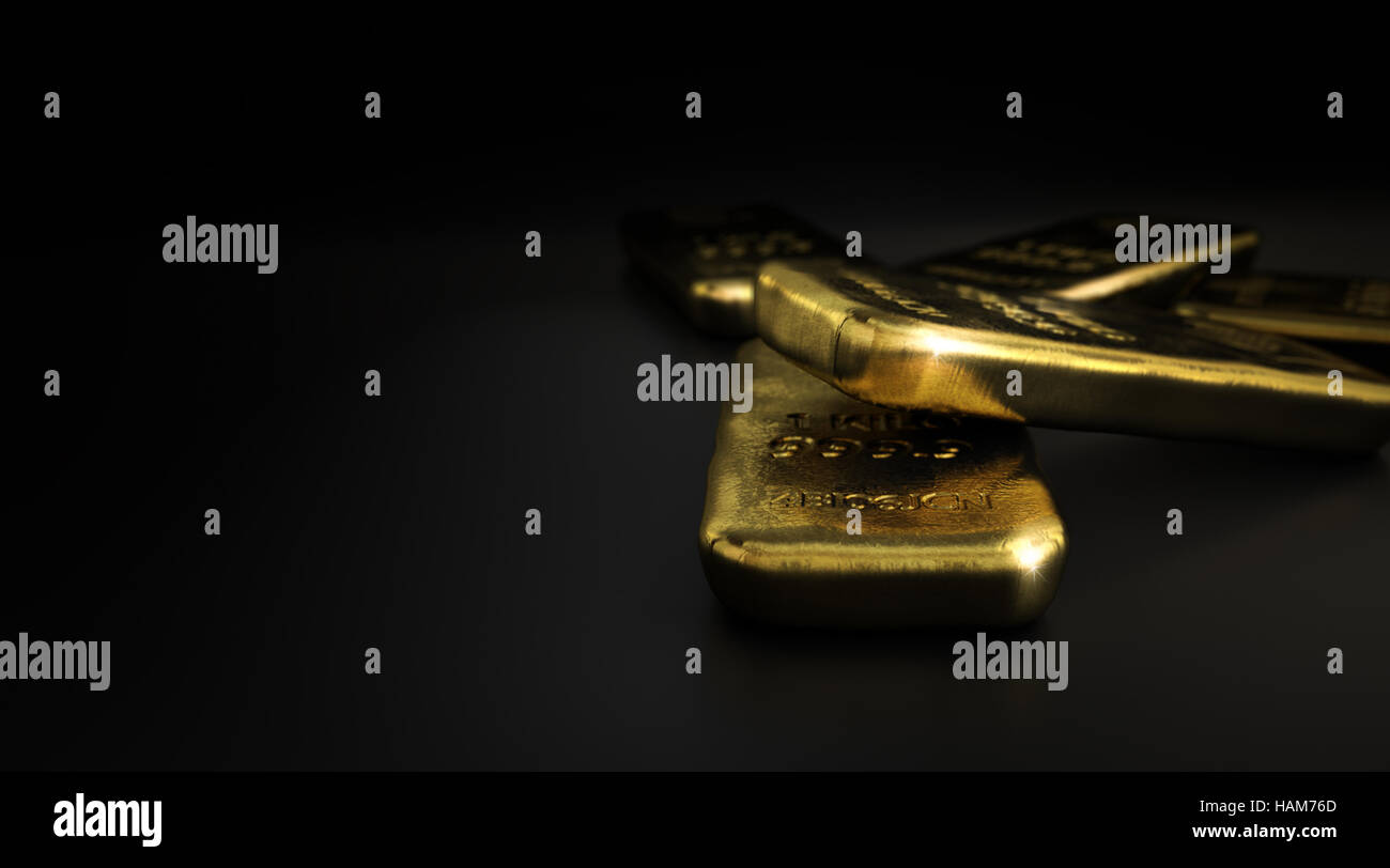 Ilustración 3D de barras de lingotes de oro sobre fondo negro con copyspace en la imagen izquierda, horizontal. Concepto de mercado del oro. Foto de stock