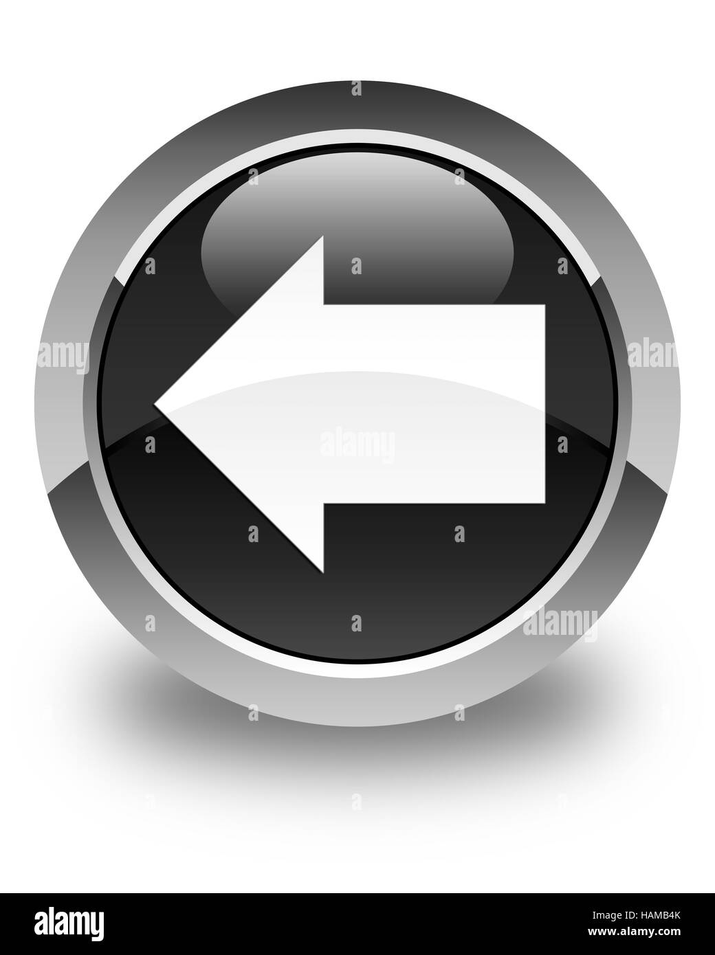 Icono de flecha atrás aislados en negro satinado botón redondo Resumen ilustración Foto de stock