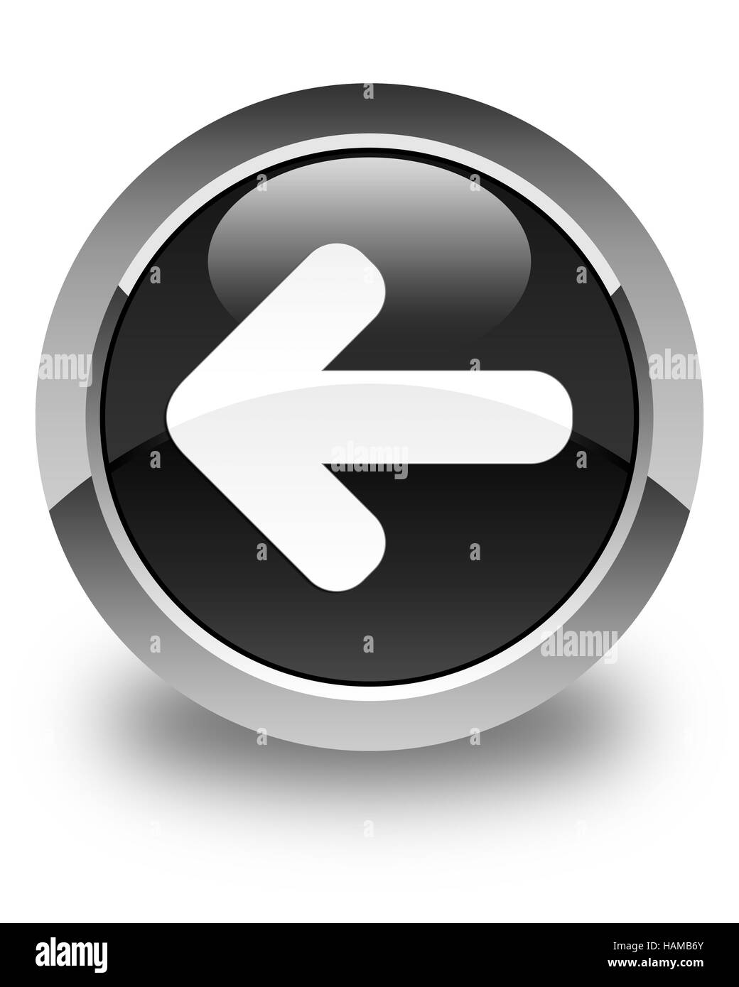 Icono de flecha atrás aislados en negro satinado botón redondo Resumen ilustración Foto de stock
