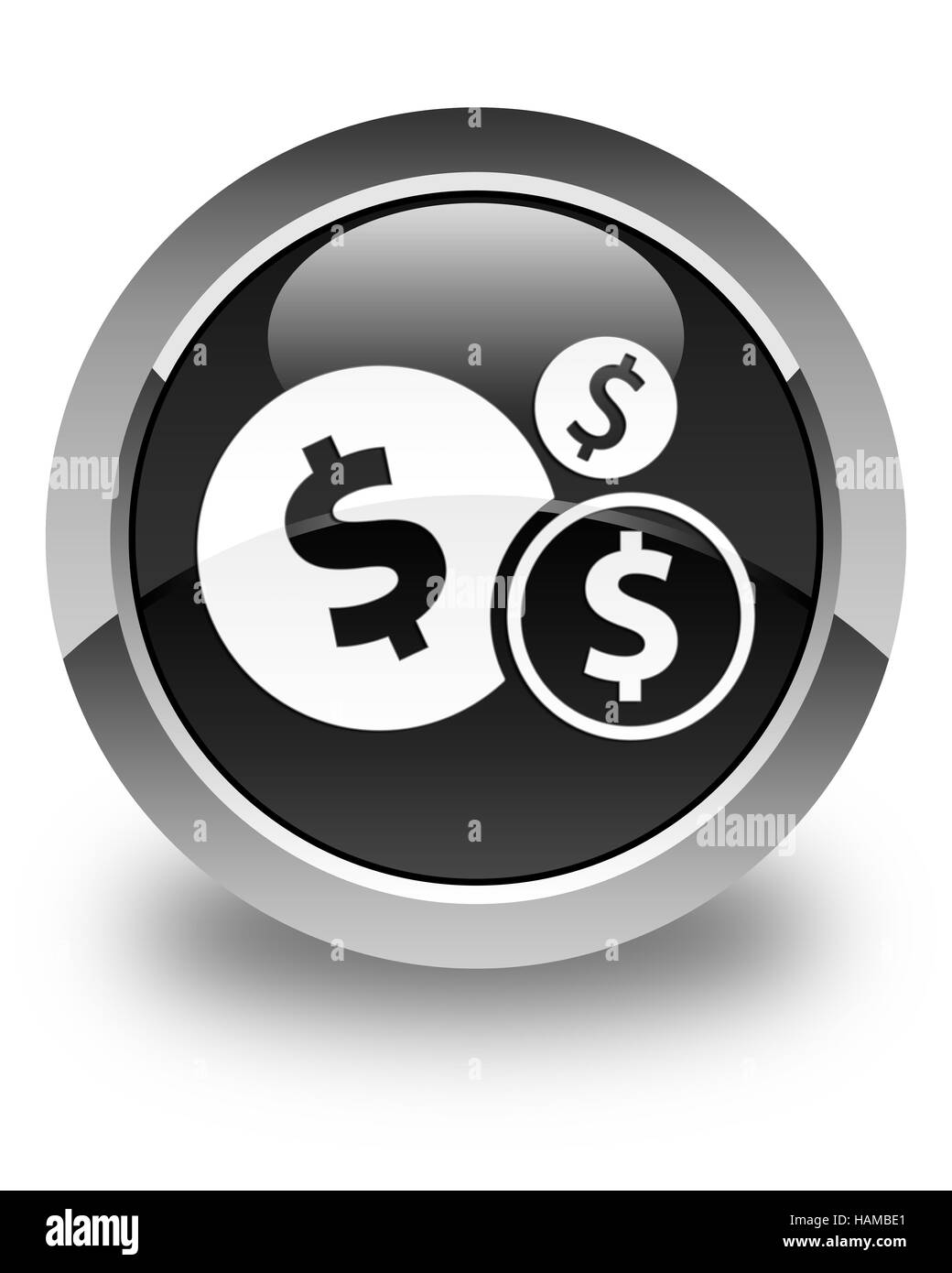 Icono de signo de dólar finanzas aislados en negro satinado botón redondo Resumen ilustración Foto de stock
