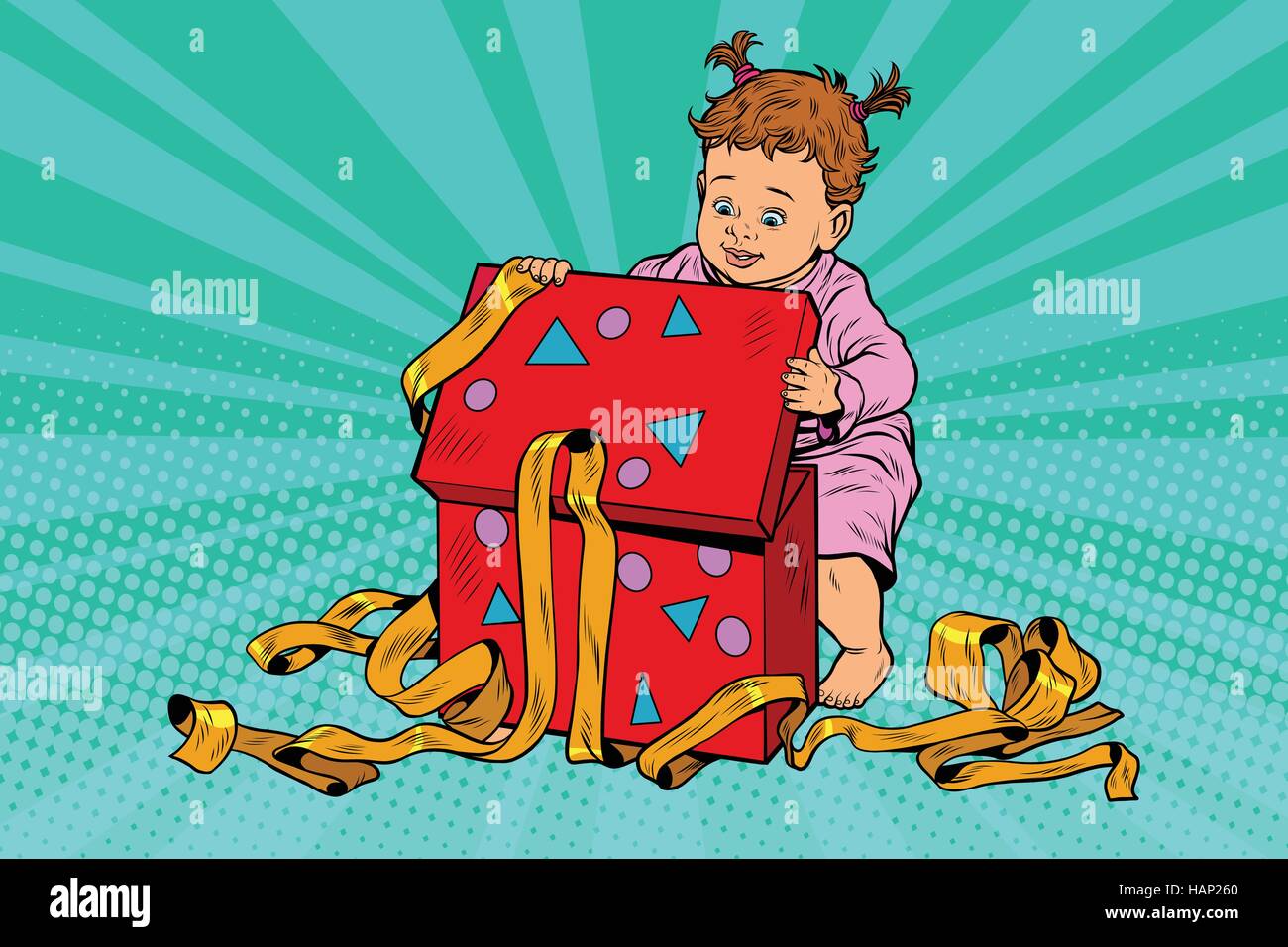Pop art niña abre la caja de regalo Imagen Vector de stock - Alamy