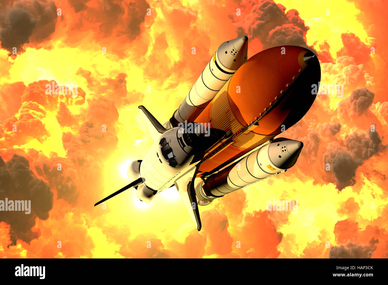 Transbordador espacial despega en las nubes de fuego Foto de stock
