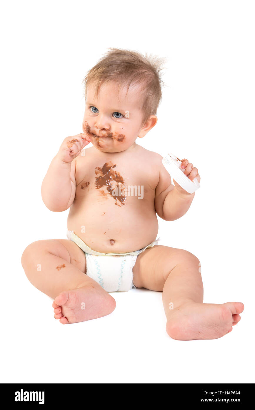 Hermoso Bebe Comiendo Chocolate Aislados En Blanco Fotografia De Stock Alamy