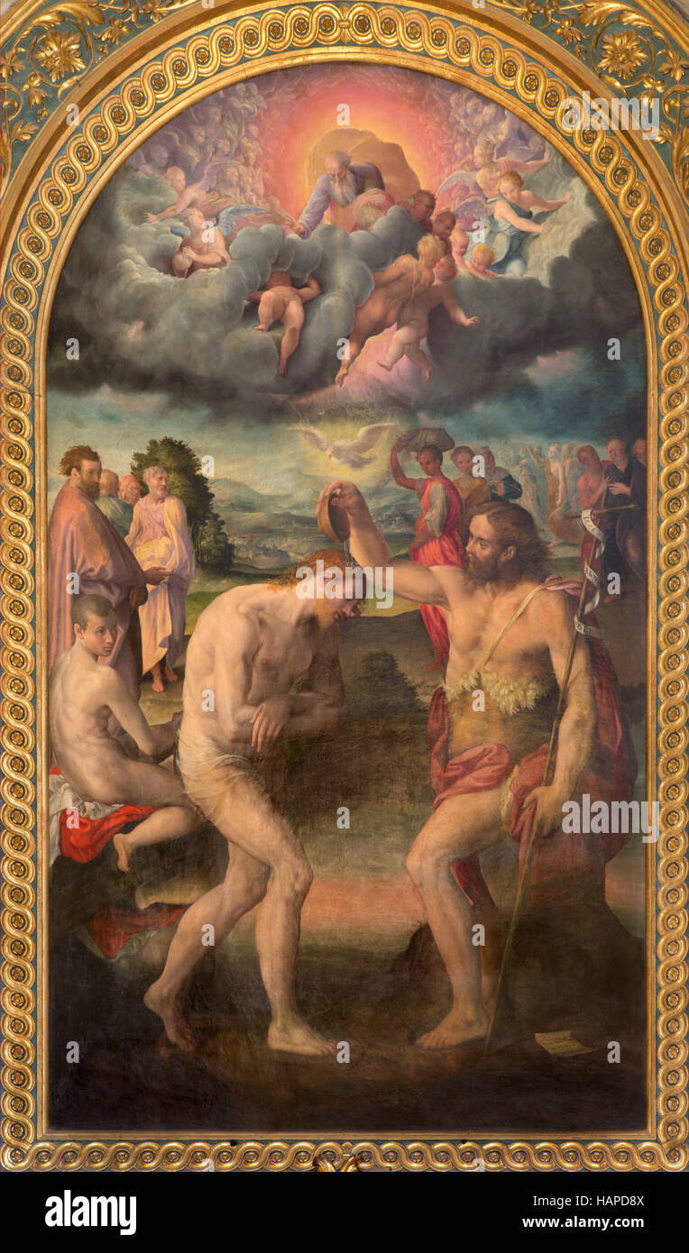 Bolonia, Italia - 16 de marzo de 2014: la pintura del bautismo de Cristo en la iglesia de San Martino, id por Prospero Fontana (1561). Foto de stock
