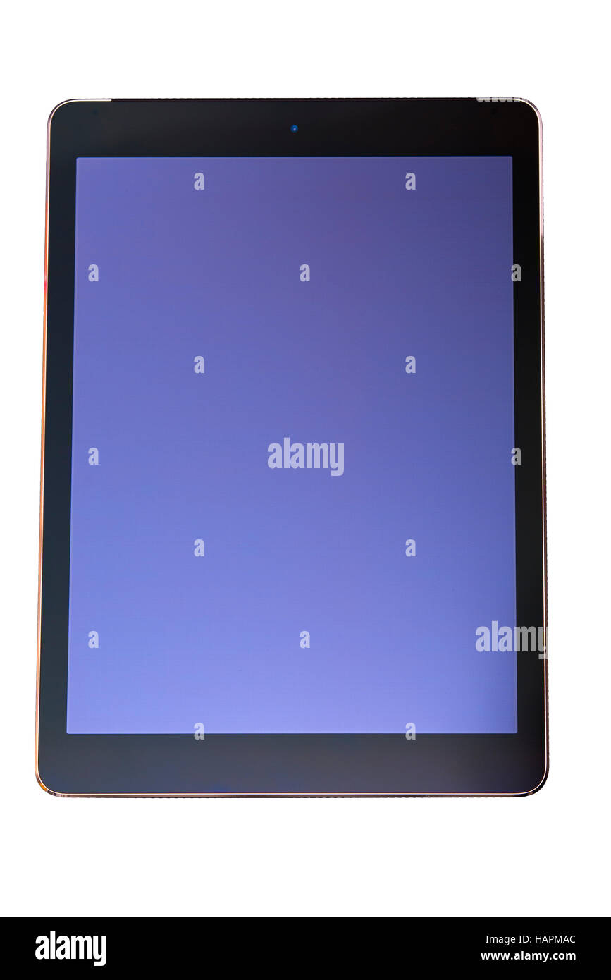 Elegante ordenador tablet PC con marco negro y blanco aislado de pantalla azul sobre fondo blanco, espacio, copia el contenido de la pantalla personalizable Foto de stock