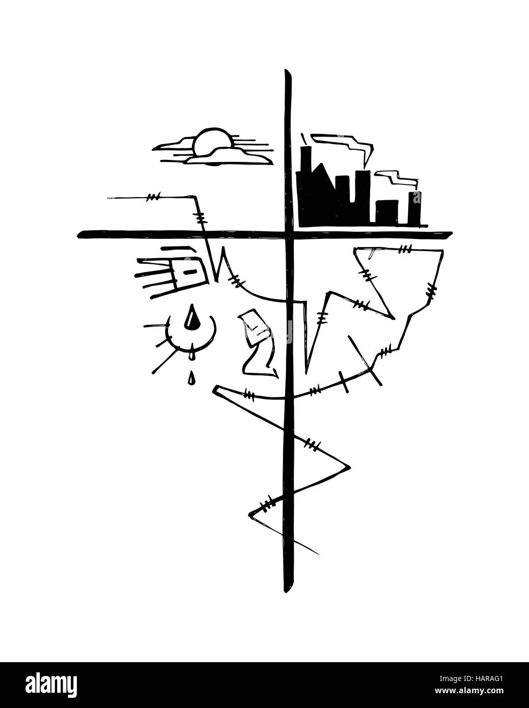 Ilustración vectorial dibujada a mano o un dibujo de una cruz y otros símbolos religiosos que representan algunos de los problemas del mundo Foto de stock