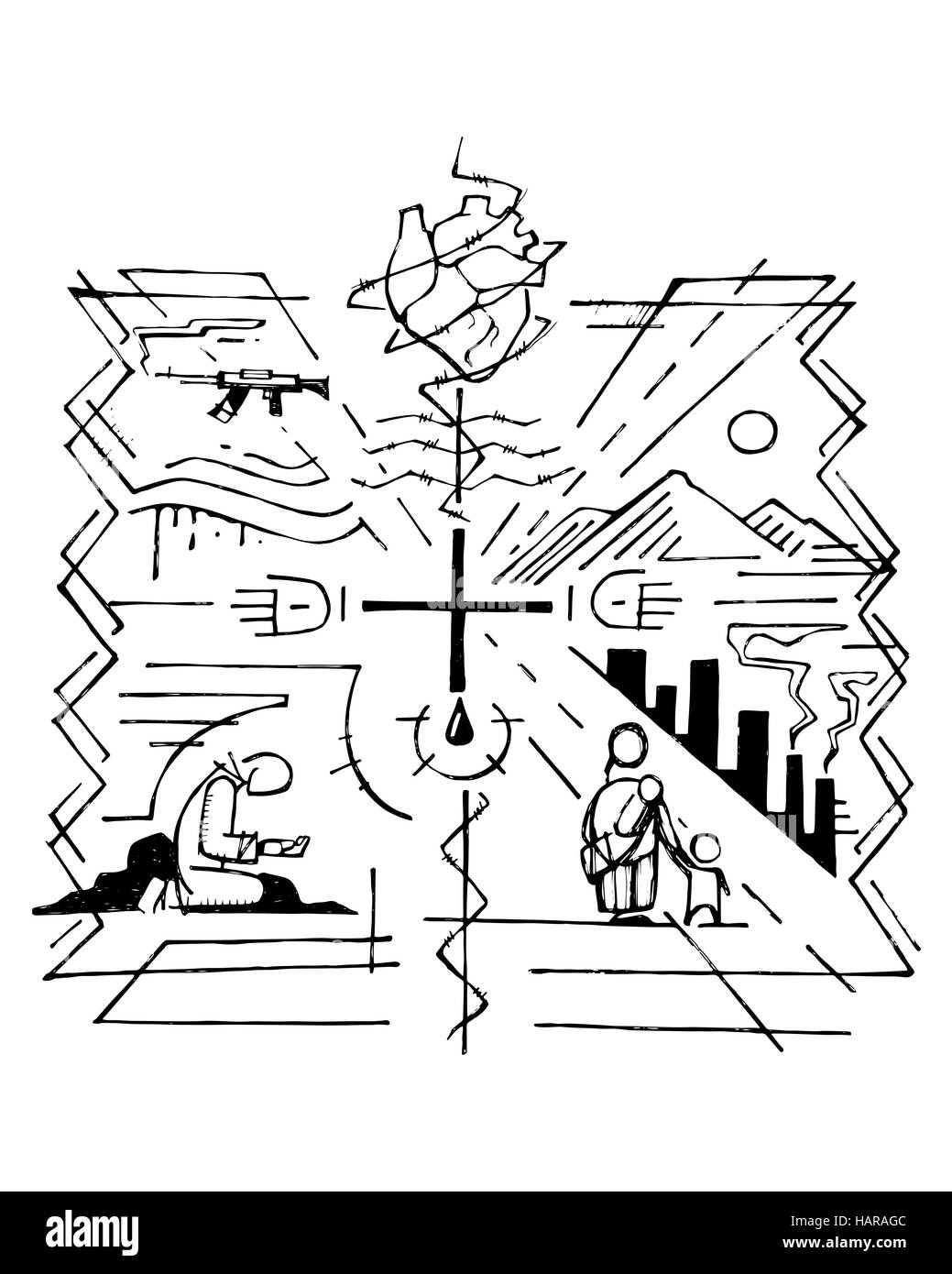 Ilustración vectorial dibujada a mano o un dibujo de una cruz y otros símbolos religiosos que representan algunos de los problemas del mundo Foto de stock