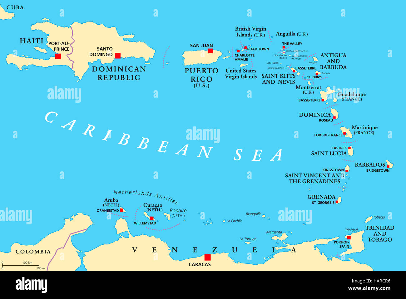 Mapa político de Antillas Menores. La Caribbees con Haití, la República Dominicana y Puerto Rico en el Mar Caribe. Foto de stock