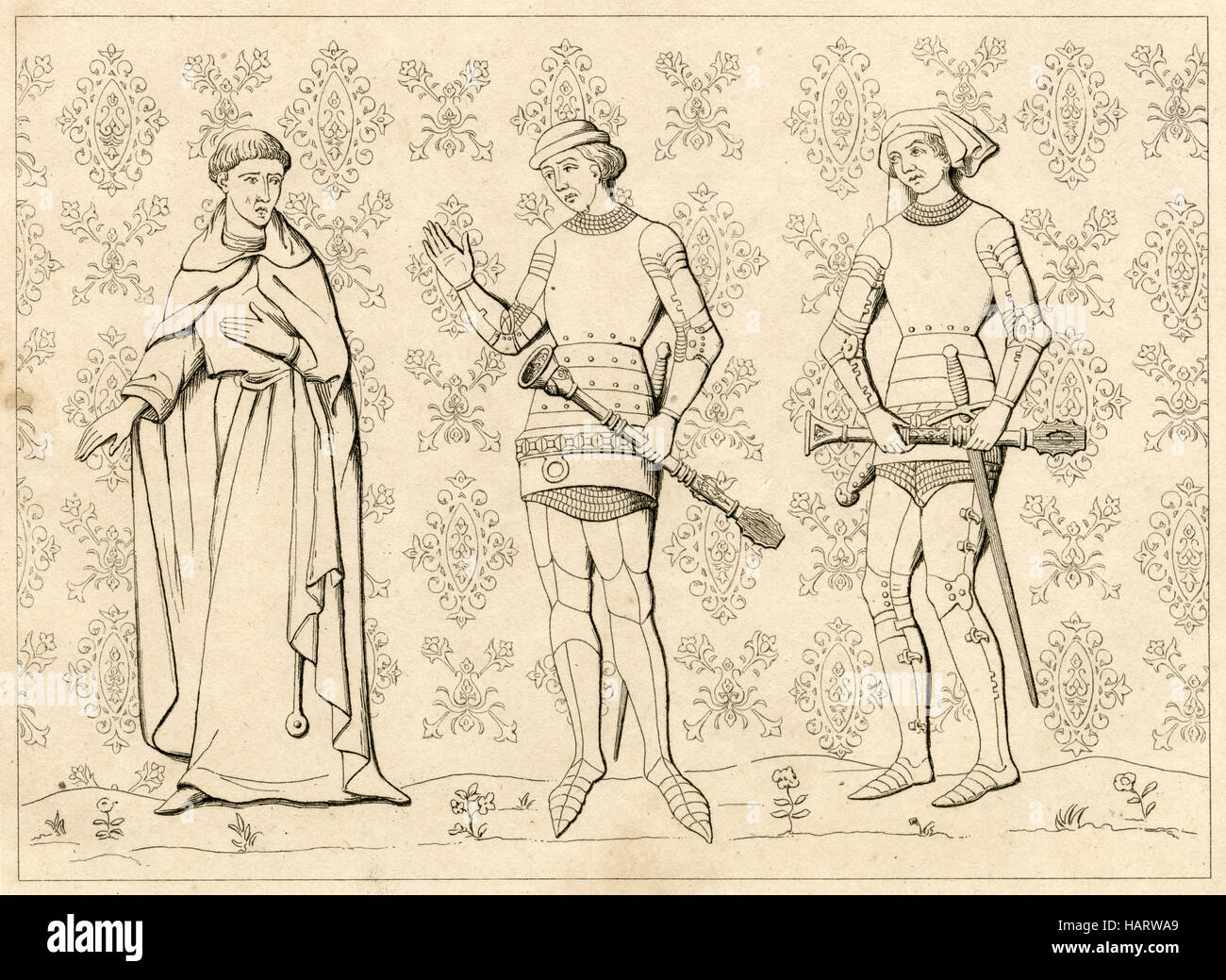 Grabado antiguo, circa 1860, representando los uniformes del siglo XIII de un hombre religioso francés y Sargento de Armas. Grabado por Charles Vernier (1831-1892). Fuente: grabado original. Foto de stock