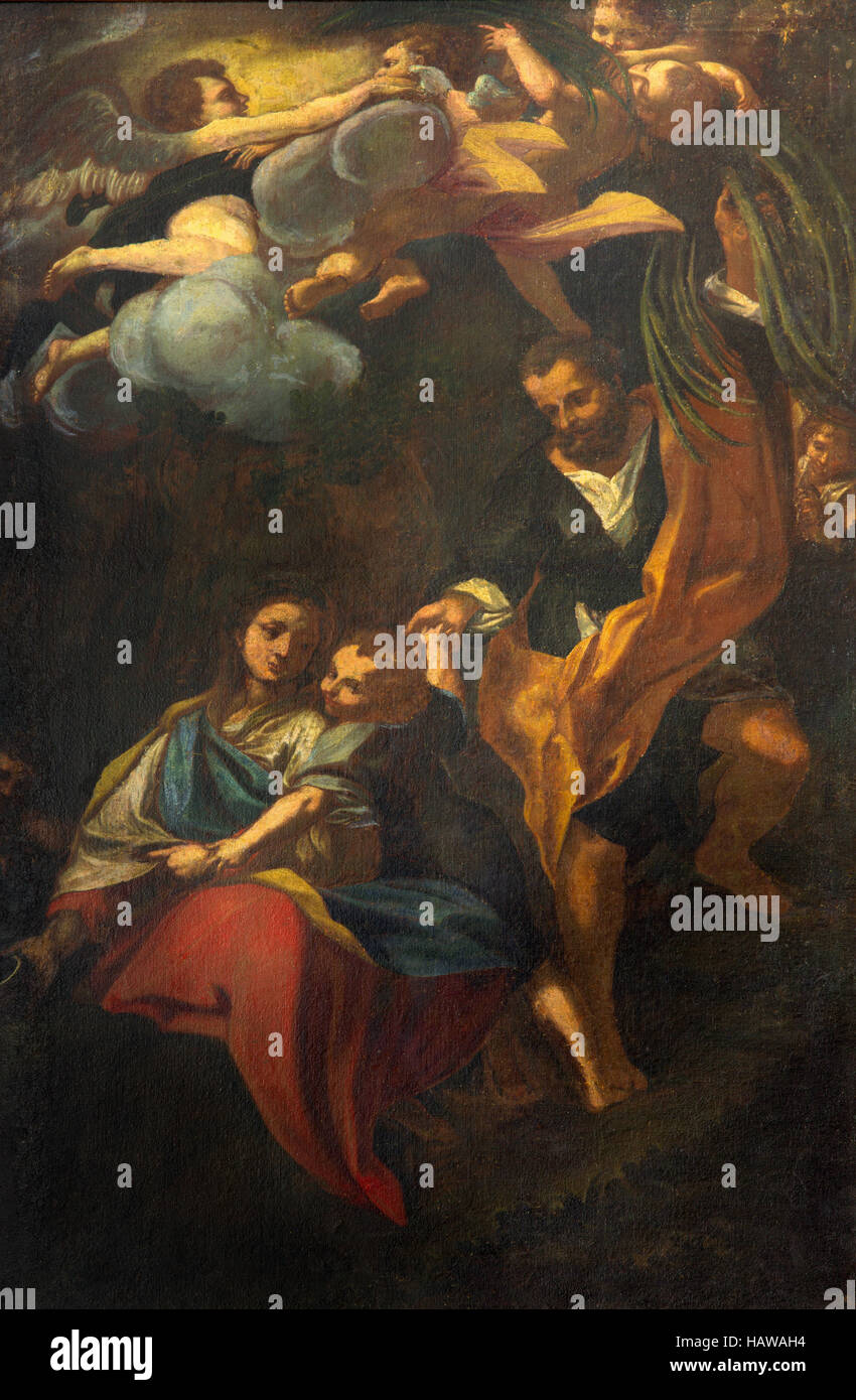 BRESCIA, Italia - 23 de mayo de 2016: la pintura descanso en la Huida a Egipto en la iglesia Chiesa di San Giovanni Evangelista por artista desconocido. Foto de stock
