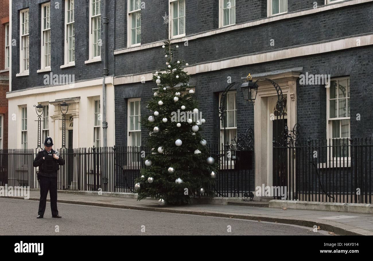 El número 10 de Downing Street para árboles de Navidad y decoración de la puerta. Foto de stock