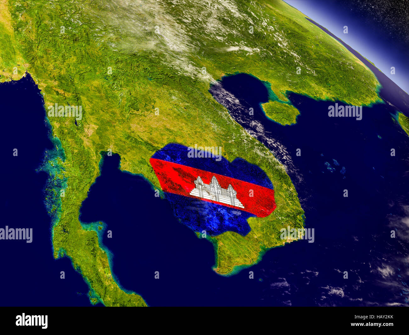 Bandera de Camboya sobre la superficie del planeta desde el espacio. Ilustración 3D con realista muy detalladas de la superficie del planeta y las nubes en la atmósfera. Elementos de Foto de stock