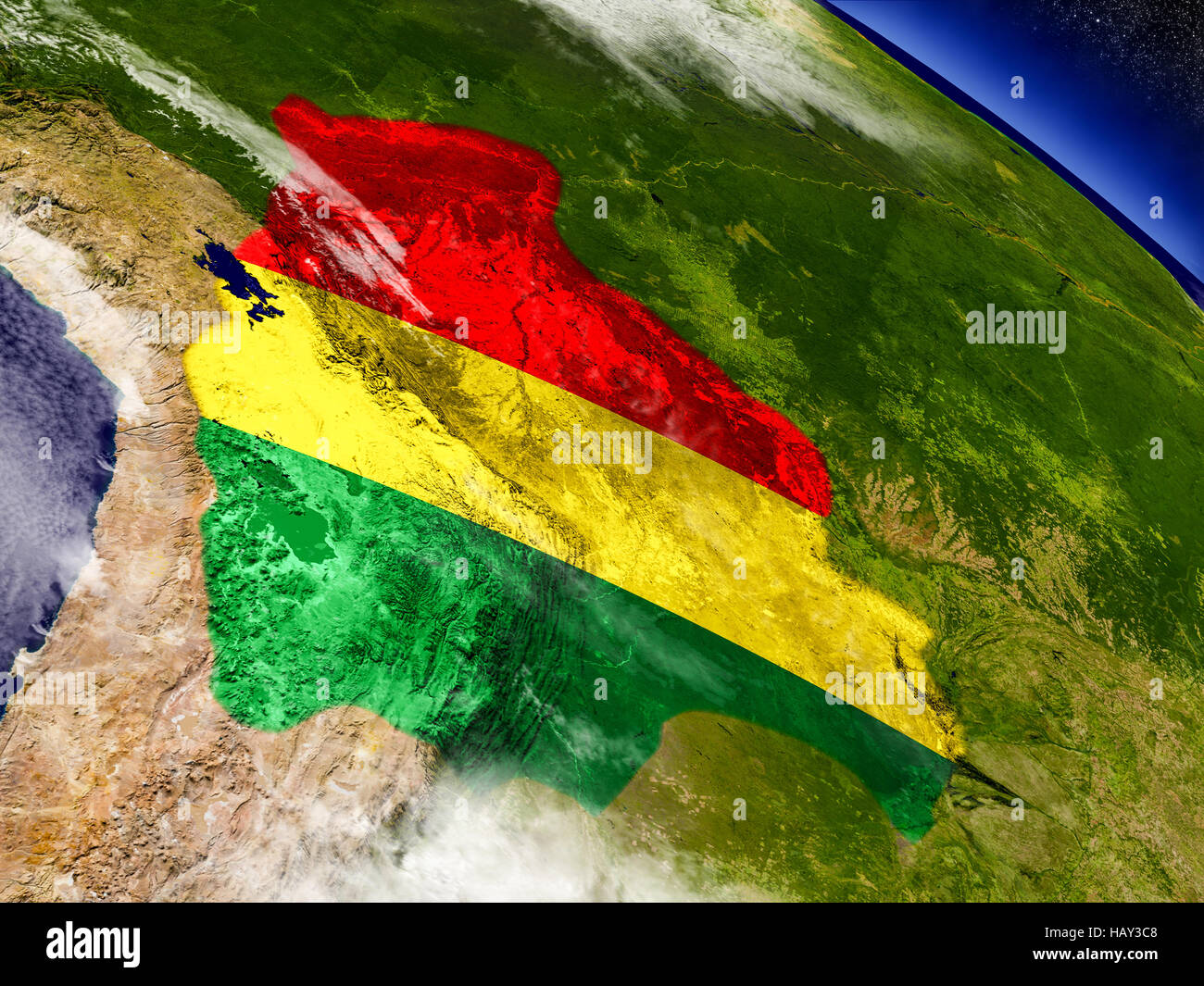 Bandera de Bolivia sobre la superficie del planeta desde el espacio. Ilustración 3D con realista muy detalladas de la superficie del planeta y las nubes en la atmósfera. Elementos de Foto de stock
