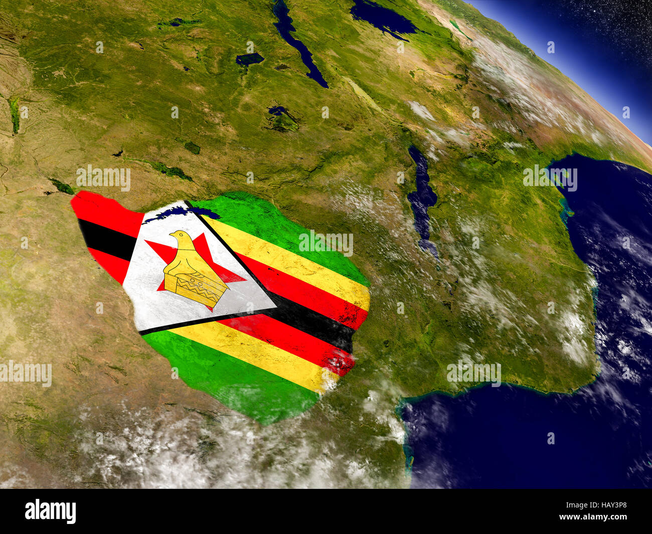 Bandera de Zimbabwe sobre la superficie del planeta desde el espacio. Ilustración 3D con realista muy detalladas de la superficie del planeta y las nubes en la atmósfera. Elementos de Foto de stock
