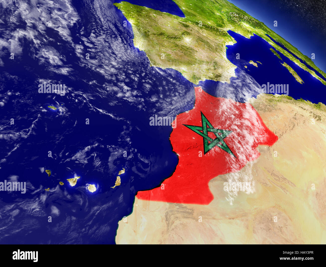 Pabellón de Marruecos sobre la superficie del planeta desde el espacio. Ilustración 3D con realista muy detalladas de la superficie del planeta y las nubes en la atmósfera. Elementos de Foto de stock