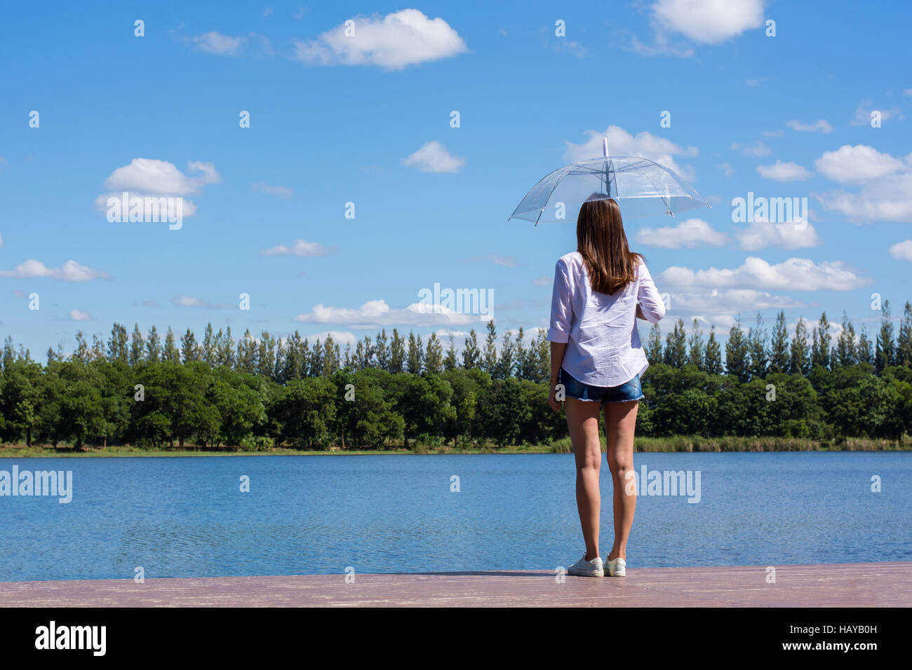 Mujer sosteniendo un stand, un estanque y observar la naturaleza. Foto de stock