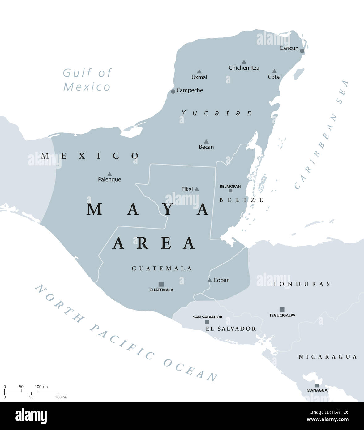Área Maya mapa político. La civilización mesoamericana y la alta cultura de la América precolombina. Foto de stock