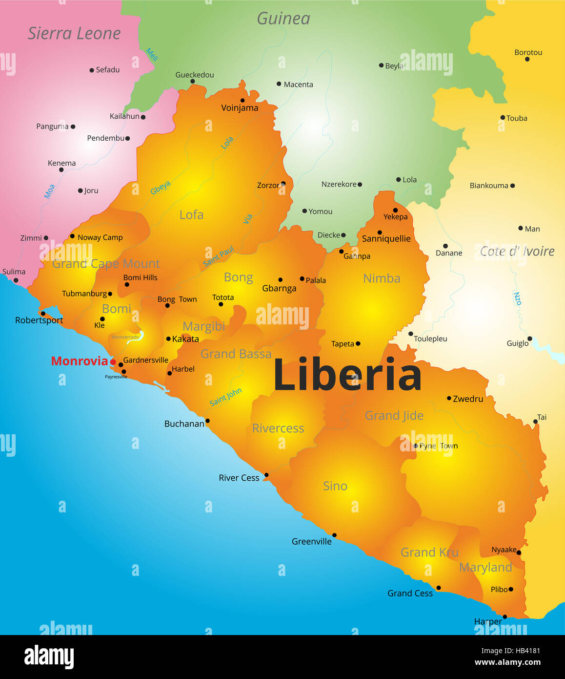 Mapa de color de Liberia Foto de stock