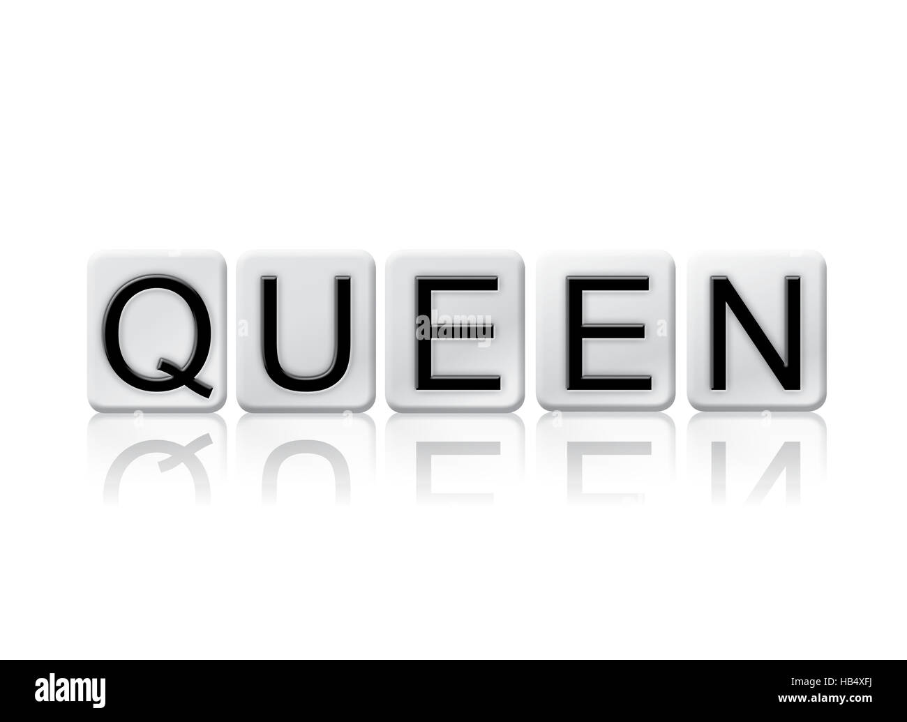 La palabra "Queen" escrito en letras de mosaico aislado sobre un fondo blanco Fotografía de