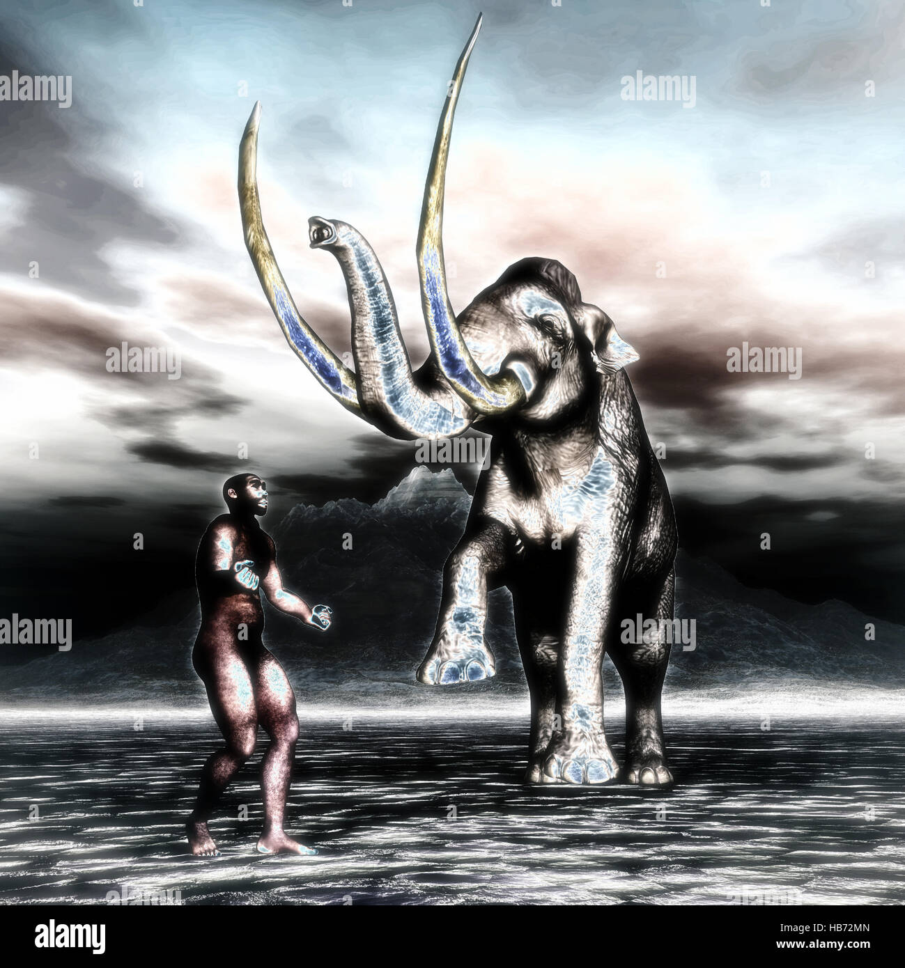 Mammoth con el hombre prehistórico Foto de stock