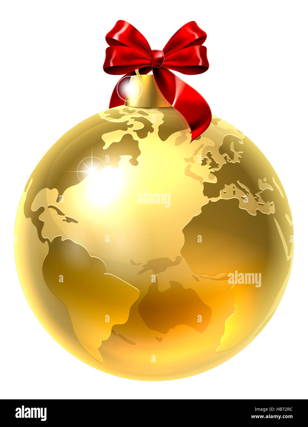 Una ilustración de un Globo de oro mundial de la tierra adornos del árbol de Navidad decoración ornamental con una cinta roja bow Foto de stock