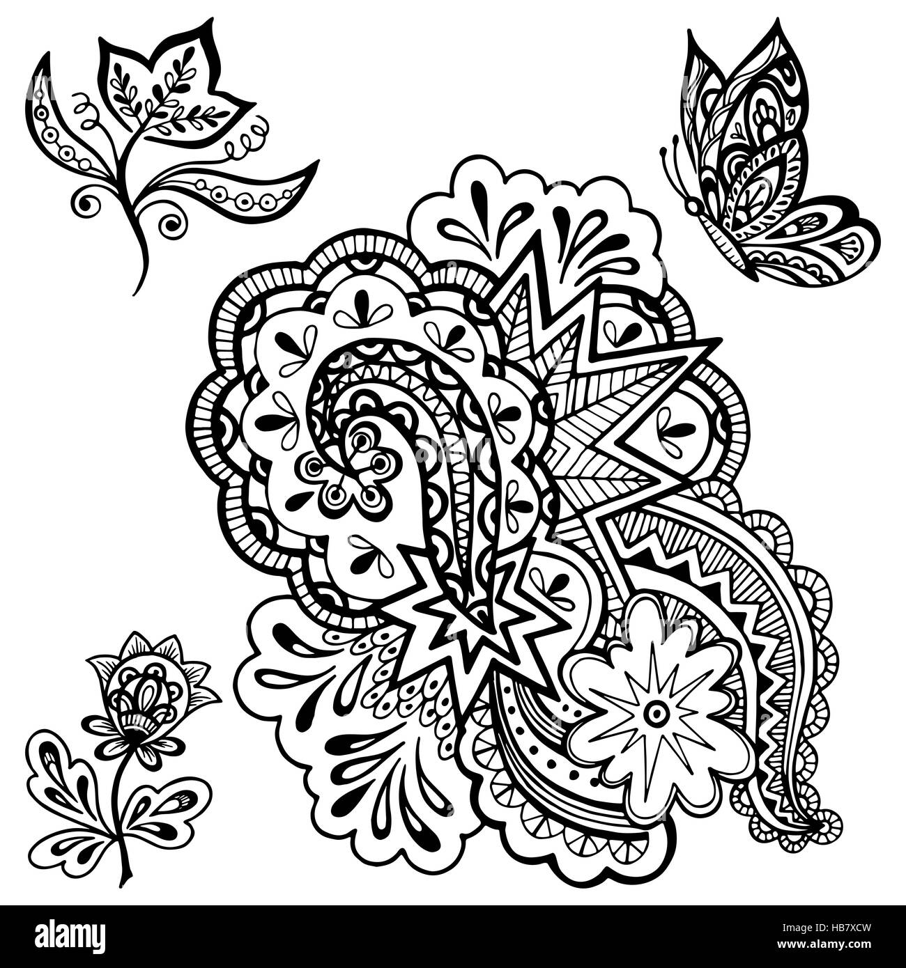 Patrón De Flores Blanco Y Negro Con Mariposas Para Colorear Adulto.  Ilustraciones svg, vectoriales, clip art vectorizado libre de derechos.  Image 71801424