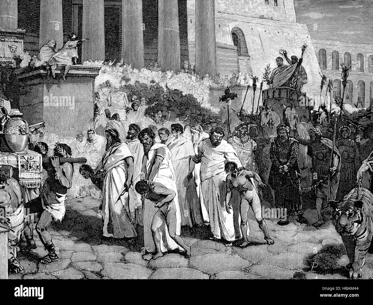La mitología griega, el rey Perseo y sus hijos en el desfile triunfal de Aemilius Paullus, ilustración hictorical desde 1880 Foto de stock