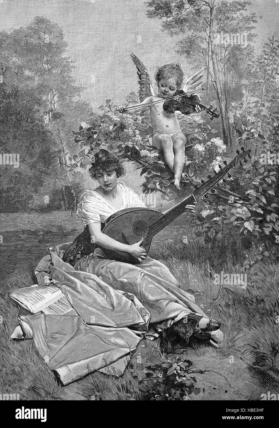 Simbolismo para una canción de amor, una mujer con un laúd en el jardín, encima es un ángel con el violín, el romanticismo del siglo XIX, la ilustración, la xilografía desde 1880 Foto de stock