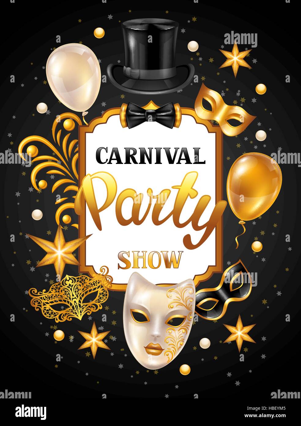 Tarjeta de invitación de carnaval con máscaras de oro y decoraciones. Fiesta  de celebración de fondo Imagen Vector de stock - Alamy