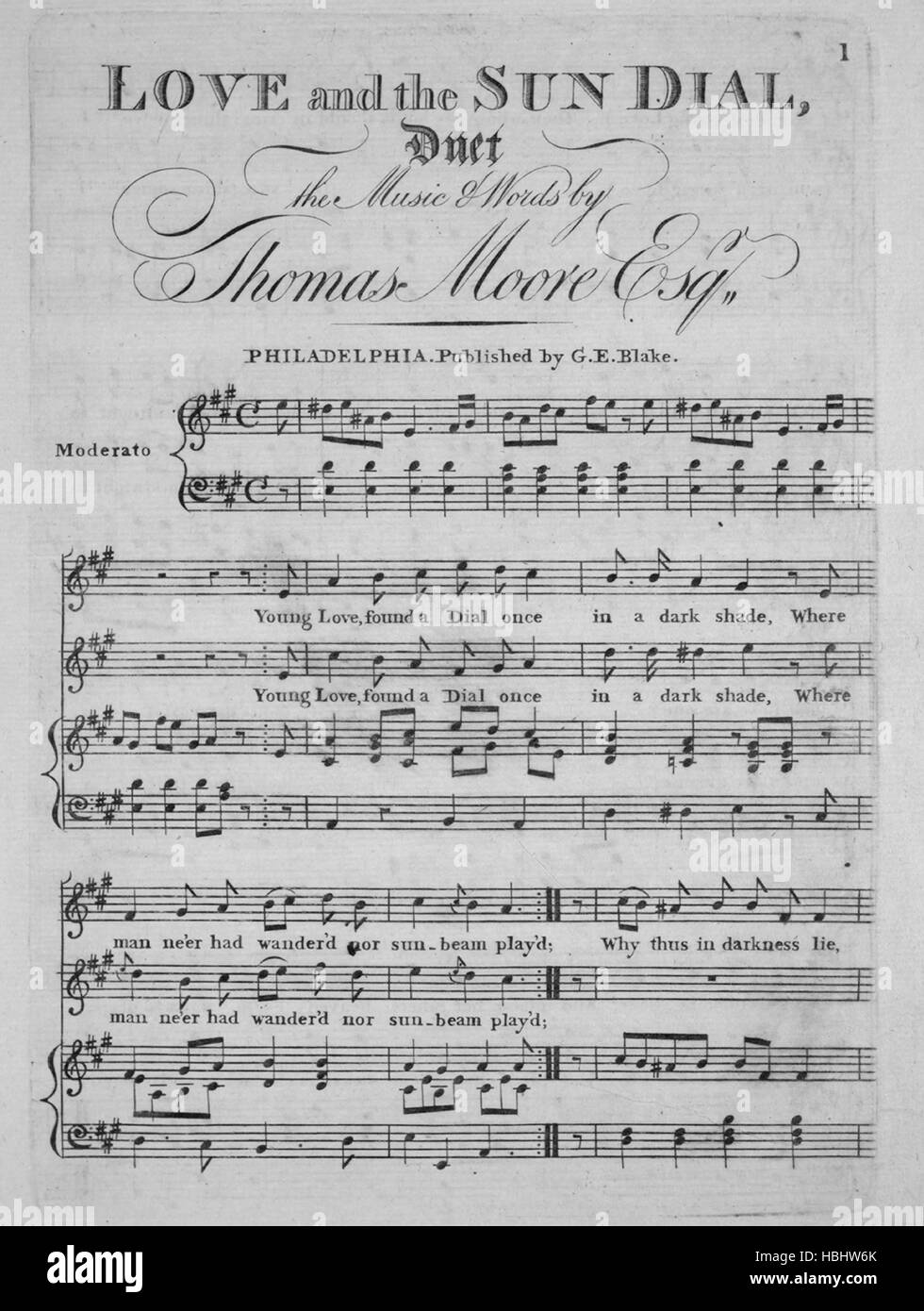 Imagen de cubierta de partituras de la canción 'el amor y el reloj de sol  Duet", con notas de autoría original leyendo "La música y las palabras de  Thomas Moore, Esqr', Estados