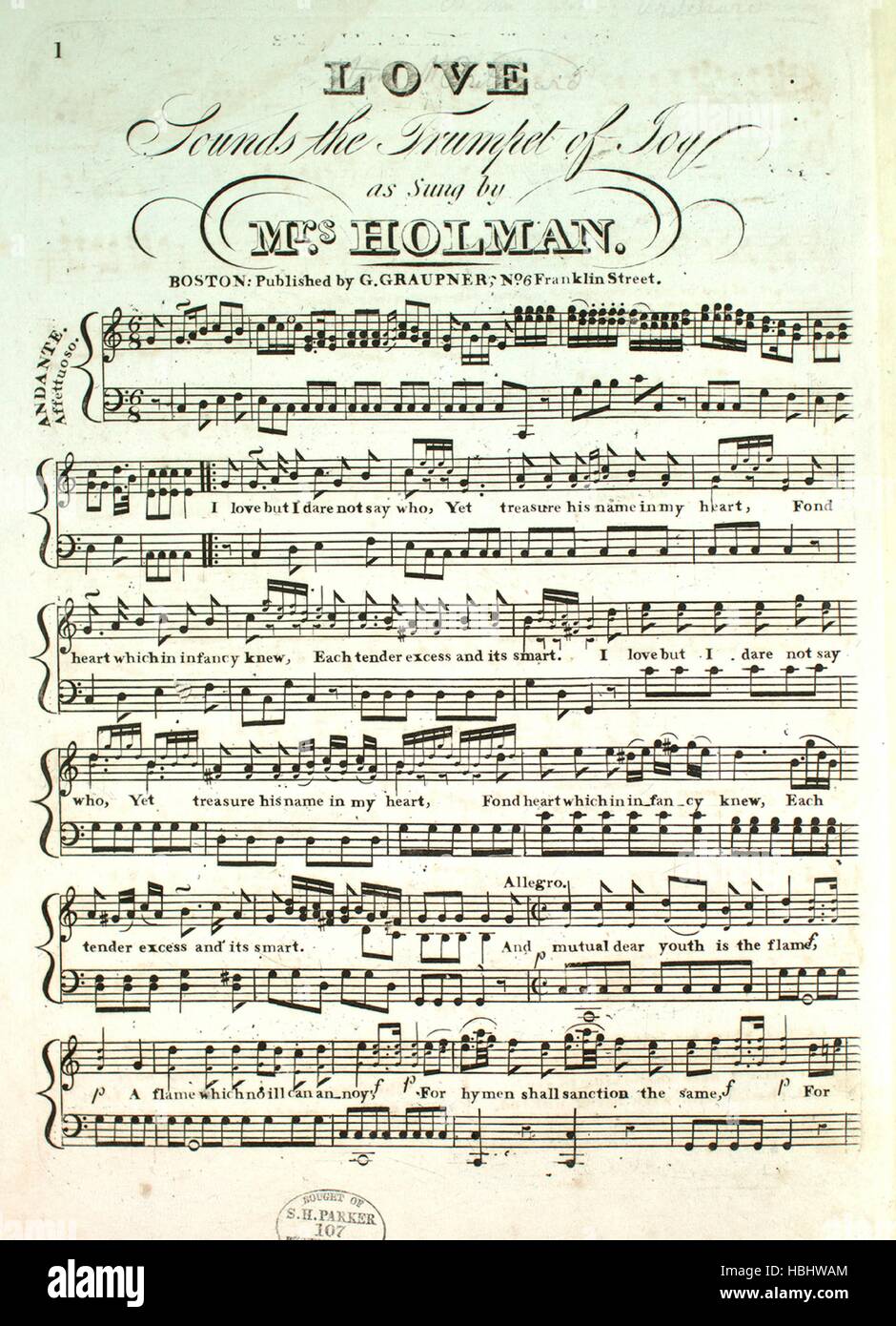 Imagen de cubierta de partituras de la canción 'Amor suena la trompeta del  gozo", con notas de autoría original leyendo 'na', Estados Unidos, 1900. El  editor está listada como "G. Graupner, núm.