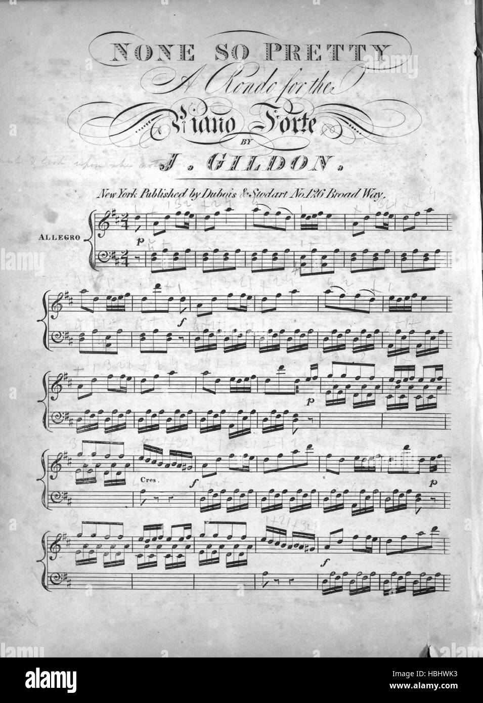 Imagen de cubierta de partituras de la canción 'Ninguno tan bonito un rondo  para Piano Forte", con notas de autoría original leyendo 'J' Gildon,  Estados Unidos, 1900. El editor está catalogado como '