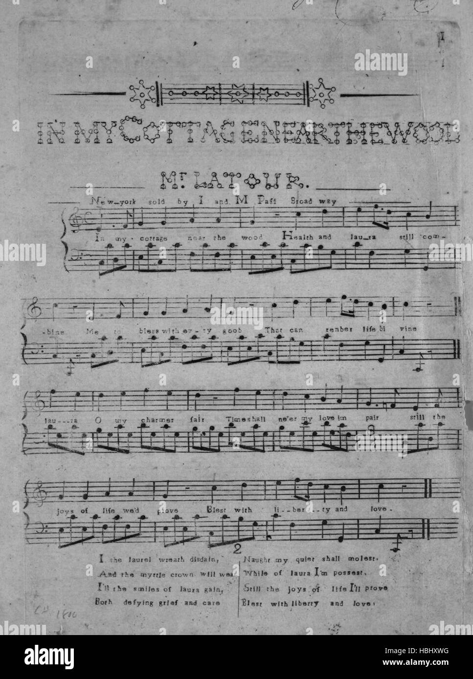 Imagen de cubierta de partituras de la canción "En mi casa de campo cerca  de la Madera [no identificado, página incompleta de música instrumental  (variaciones) en la página posterior]', con notas de
