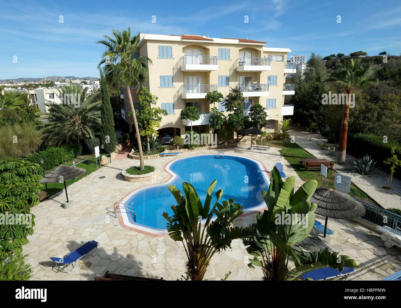 Hermes Gardens Apartments, Kato Pervolia, en Paphos, Chipre. Estos apartamentos son típicas, apartamentos de alquiler en Chipre Foto de stock
