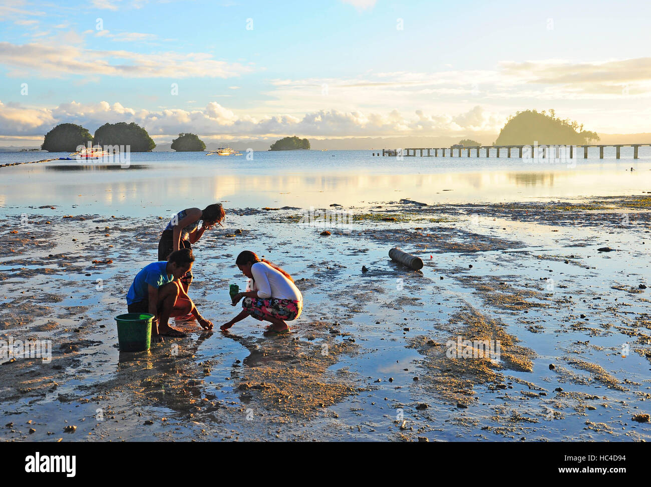 Los lugareños recogiendo conchas y cangrejos en la playa en Britania grupo de islas, en Surigao del Sur, Filipinas. Foto de stock