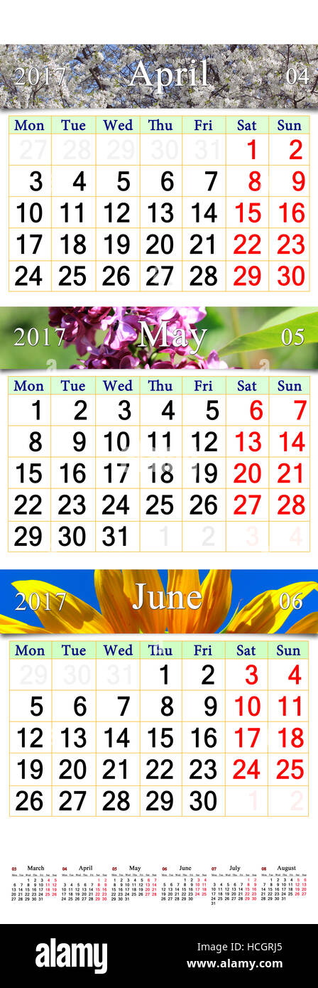 Calendario de pared para tres meses de abril, mayo y junio de 2017, con fotografías de la naturaleza. Calendario de pared para el segundo trimestre de 2017 Foto de stock