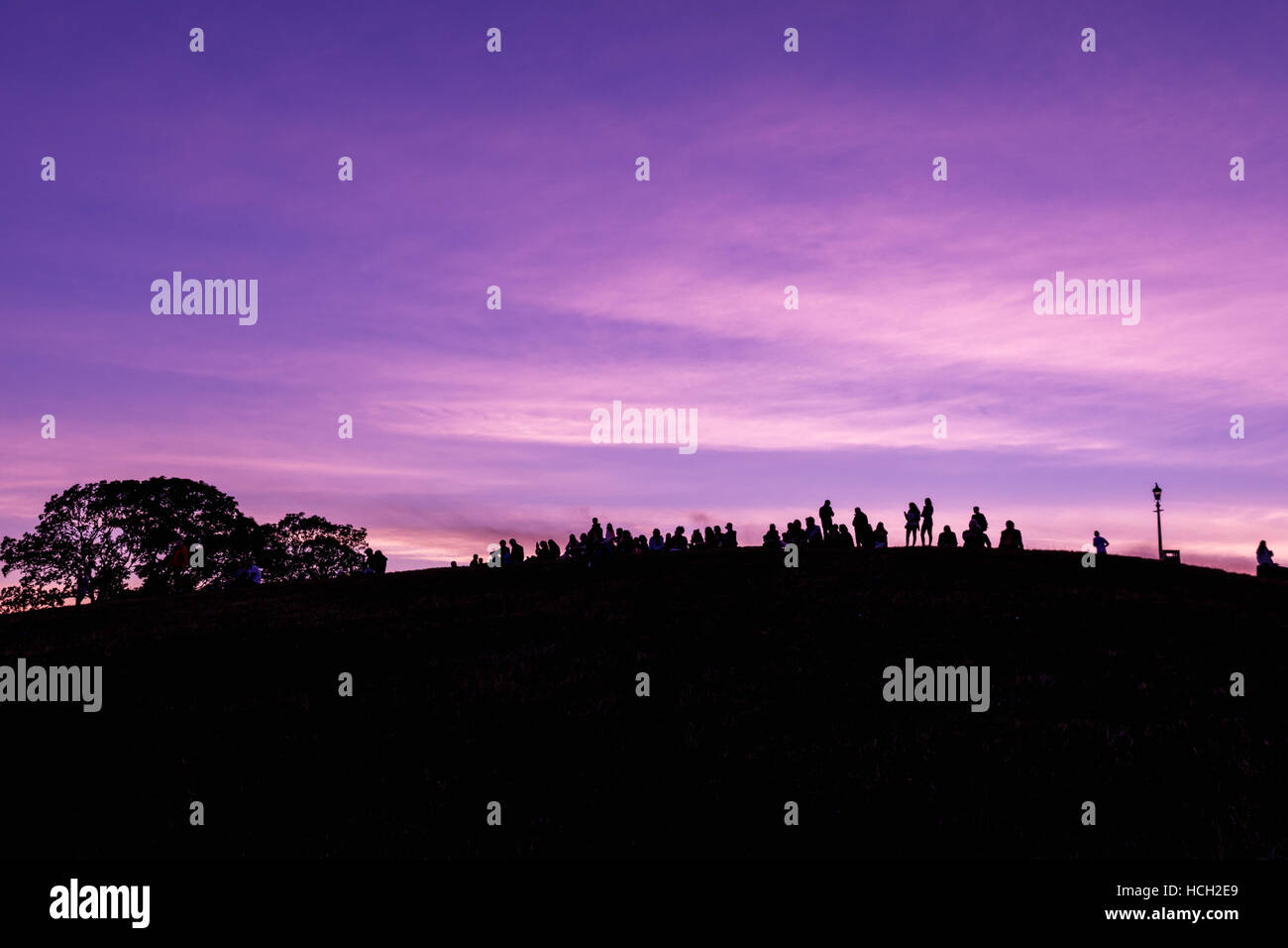 Silueta de Primrose Hill en Londres contra un cielo púrpura Foto de stock