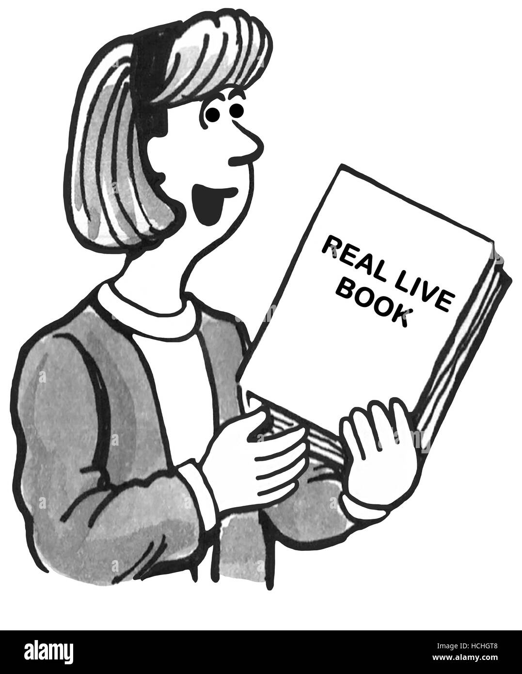 Educación en blanco y negro ilustración de una mujer sosteniendo un profesor real, vivir, libro de papel. Foto de stock