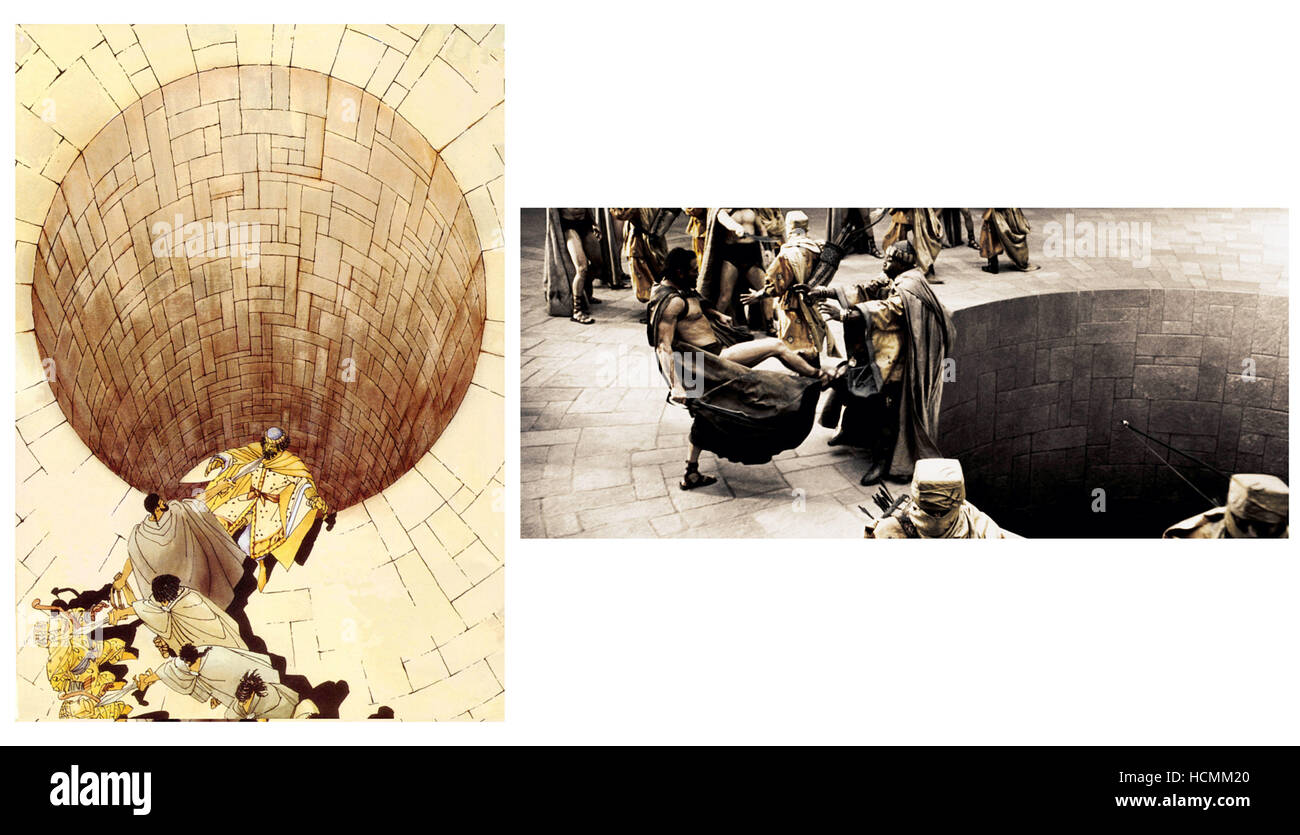 300, a la izquierda: dibujo original de la novela gráfica de Frank Miller, derecha: cine la recreación de la escena, de 2006. ©/cortesía de Warner Bros. Foto de stock